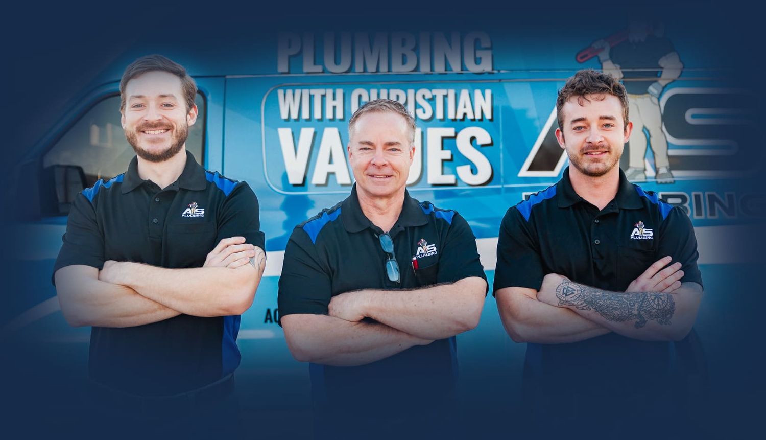 The Acts of Service Plumbing crew in front of a branded service van